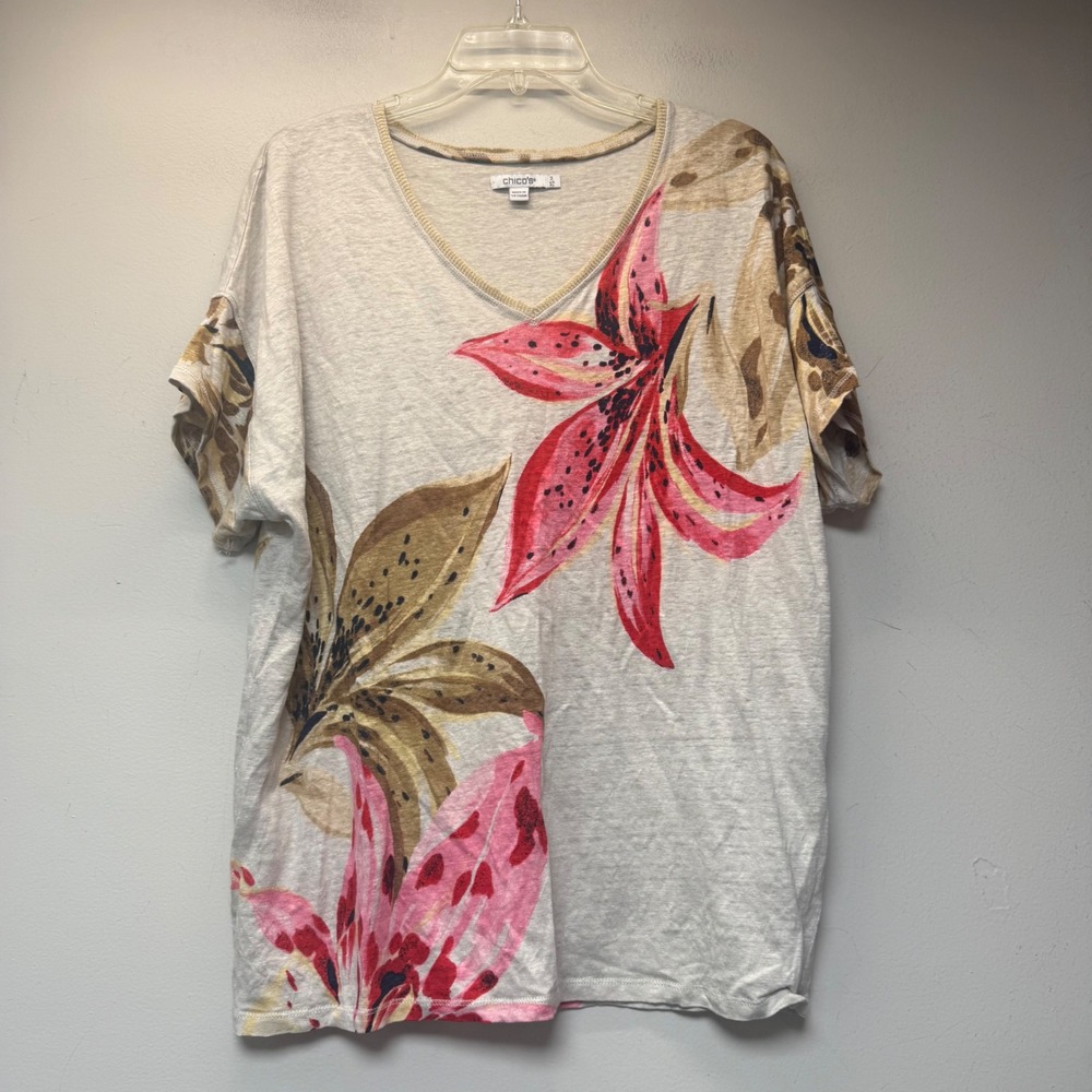 Chico's Linen Floral V-Neck Top Womens 3 XL Beige Pink Excellent Short Sleeve
